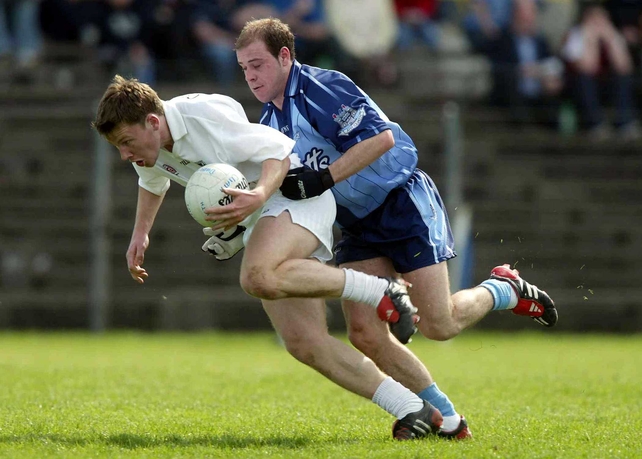 Kildare's Barry McCormack (left) and Dulbin's Barry Lyons in action during today's Leinster Under-21 Football final.