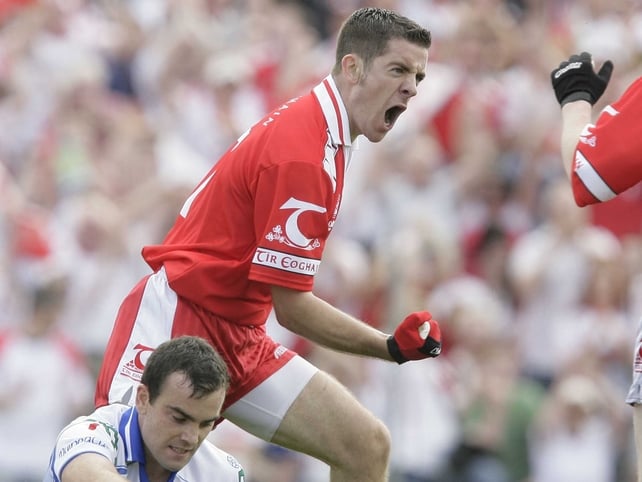 Philip Jordan of Tyrone celebrates scoring his side's solitary goal