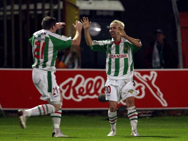 Liam Kearney and Denis Behan celebrate the game's opening goal