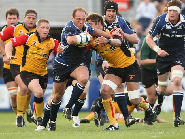 Leinster's Keith Gleeson breaks through the Dragons defence in his last home game before retiring