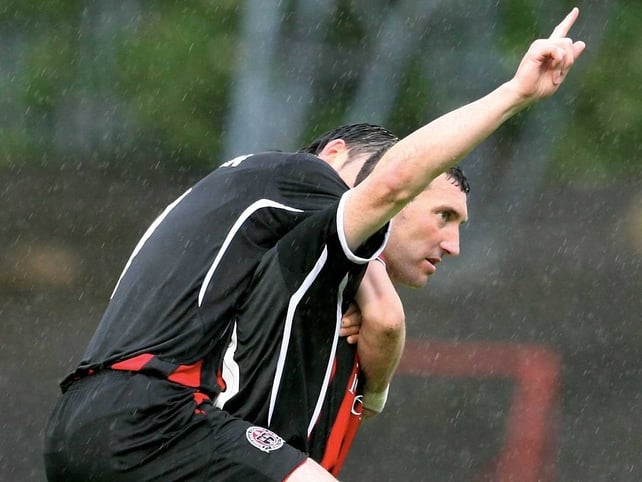 Jason Byrne celebrates scoring one of Bohemians' goals in their rout of Rhyl