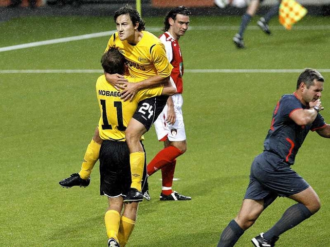 Stefan Ishizaki celebrates after scoring the opener from the spot in the first leg