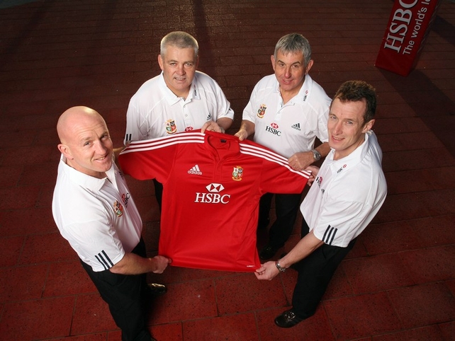 Ian McGeechan with Warren Gatland, Shaun Edwards and Rob Howley in Dublin today