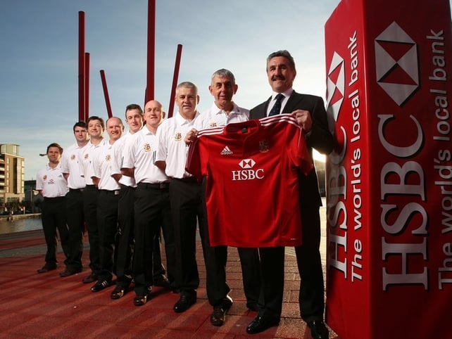 Tour manager Gerald Davies with the full Lions coaching team in Dublin this afternoon