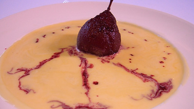 Pear Poached in Blackcurrant Juice with Bourbon Vanilla Ice Cream Pear Poached in Blackcurrant Juice with Bourbon Vanilla Ice Cream