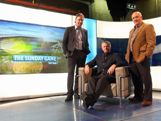 Tomás Mulcahy, Michael Lyster and the returning Cyril Farrell reacquaint themselves with The Sunday Game studio