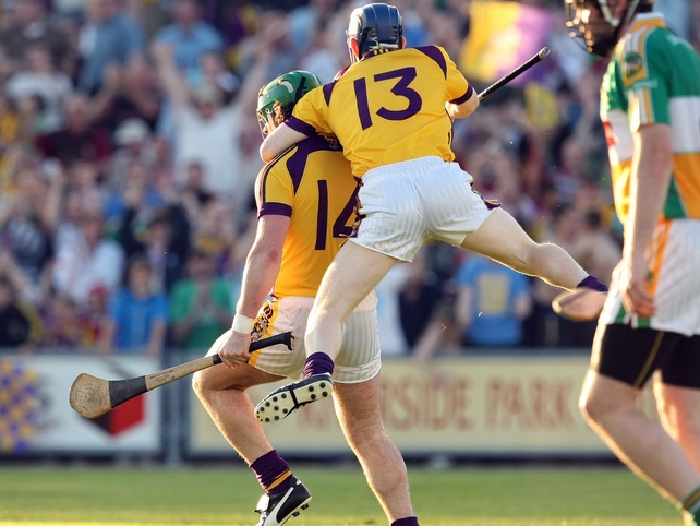 Wexford goalscorer Stephen Banville is congratulated by Rory Jacob
