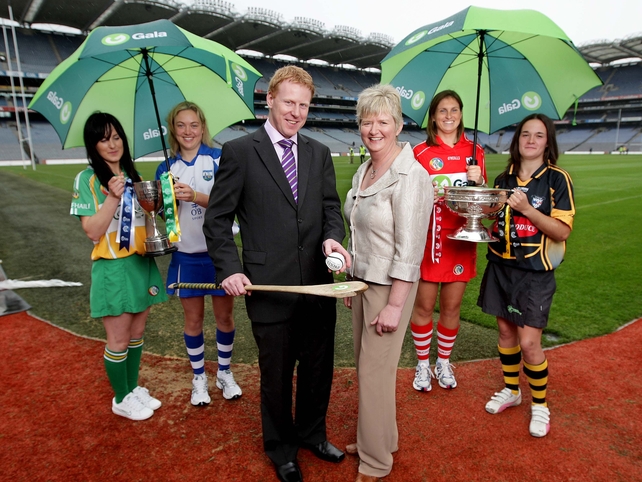 The respective captains pictured with Gary Desmond and Joan O'Flynn at GAA headquarters