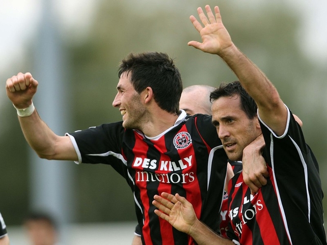 Bohs goalscorers Killian Brennan and Neale Fenn celebrate following the latter's goal at the RSC