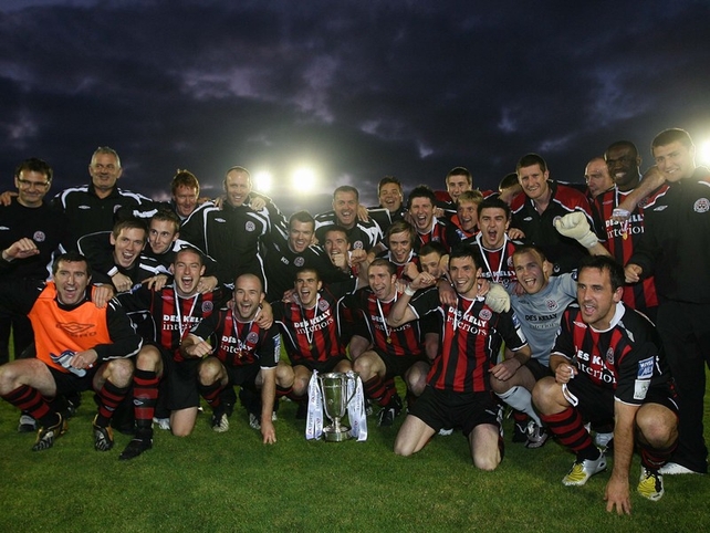 The Bohs squad celebrate the club's third trophy in less than 12 months following their league and FAI Cup success last season