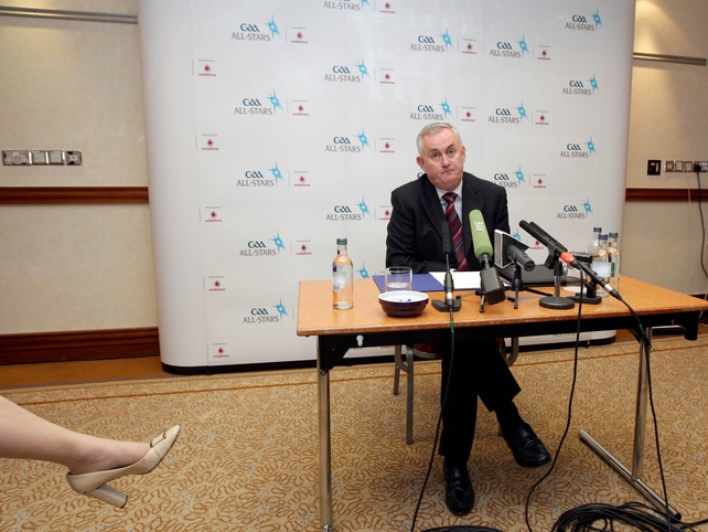 GAA President Christy Cooney gives the media a legs-up about the Hurling All Stars