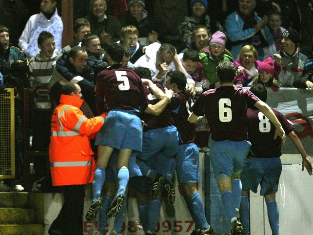 Drogheda players celebrate with James Chambers who scored the opener at United Park