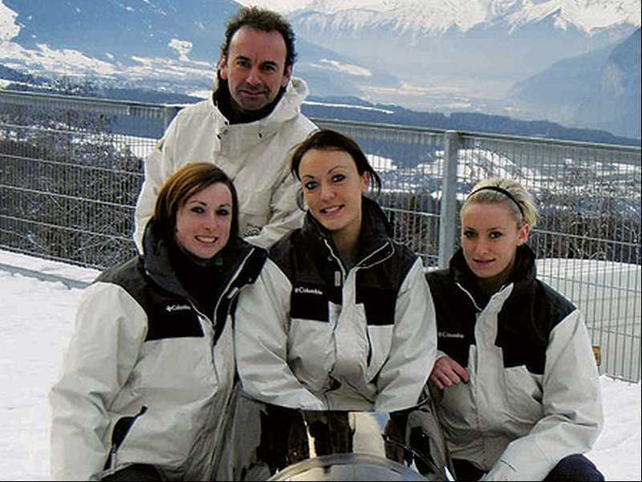Aoife Hoey (centre) with her Irish Olympic bobsleigh squad - Leona Byrne (left) and Claire Bergin along with Olympic Council of Ireland CEO Stephen Martin