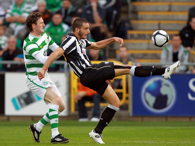Gary Twigg & Leonardo Bonucci battle for possession at Tallaght Stadium
