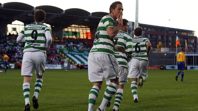Billy Dennehy celebrates as the Hoops saw off the Bray challenge