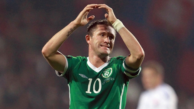 Robbie Keane shows his disgust after missing a first-half penalty against Slovakia in Zilina
