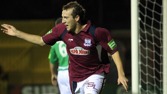 Karl Sheppard celebrates the goal that keeps Galway United in the top flight