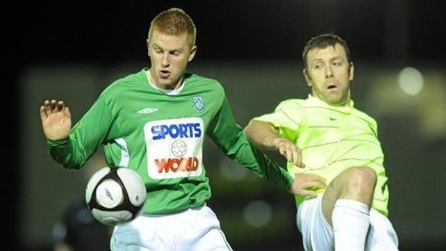 Shane O'Connor of Bray Wanderers (left) & Monaghan United's Dom Tierney battle for possession at Gortakeegan