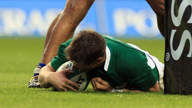 Ronan O'Gara dives over for Ireland's crucial second try against the Pacific Islanders