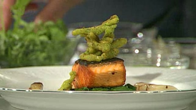 Roasted Organic Salmon, with Salsify Purée, Braised Salsify with Balsamic Salsify Chips and Wilted Roasted Organic Salmon, with Salsify Purée, Braised Salsify with Balsamic Salsify Chips and Wilted