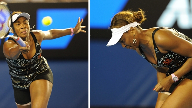 Venus Williams hitting a forehand (l) and doubled over in pain (r)