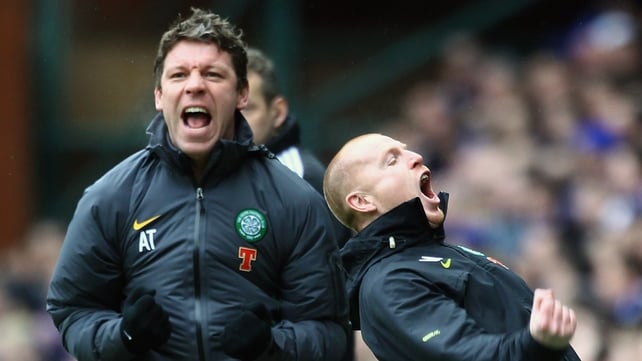 Alan Thompson (l) celebrates a goal against Rangers with Neil Lennon