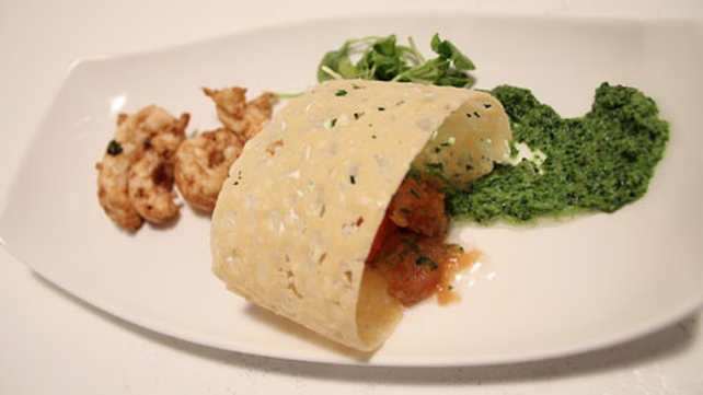 Dublin Bay Prawns with Tomato and Basil Granita, Parmesan Crisp and Watercress Purée Dublin Bay Prawns with Tomato and Basil Granita, Parmesan Crisp and Watercress Purée