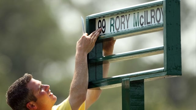 The Masters - Rory McIlroy's name is placed on a placard at the course