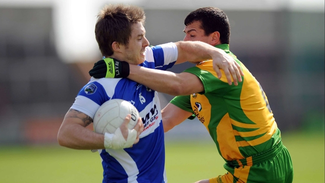 MJ Tiernrey (left) - the star in Laois' defeat of Donegal