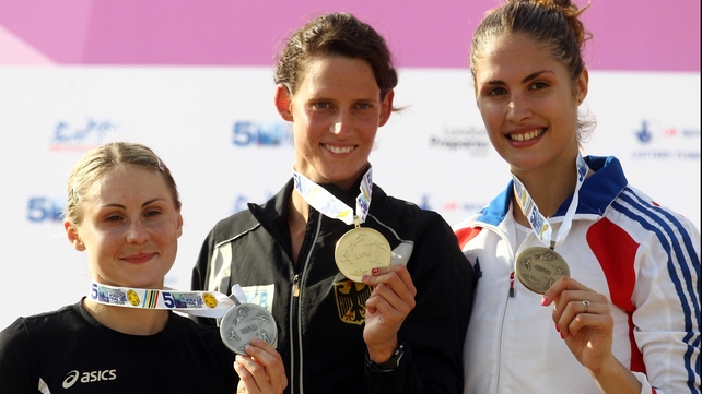 Podium finishers - Laura Asadauskaite of Lithuania, Lena Schoneborn of Germany and Elodie Clouvel of France