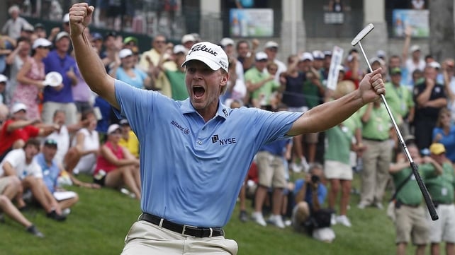 Steve Stricker - the American golfer celebrates after his 25-foot putt on the final hole gave him victory in Illinois