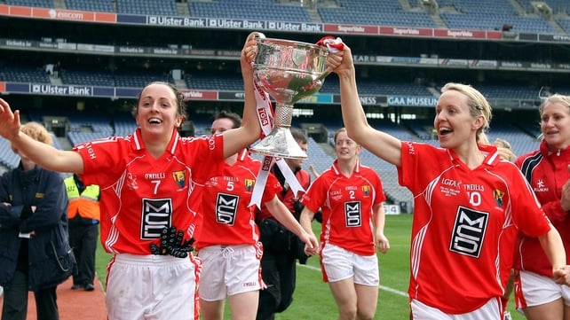 Geraldine O'Flynn and Nollaig Cleary celebrate in Croke Park