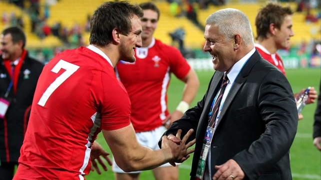 Sam Werburton (7) celebrating with head coach Warren Gatland after Wales' 22-10 victory over Ireland