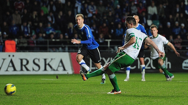 Keane scored twice for Ireland in a monumental win in Tallinn, the second from the penalty spot