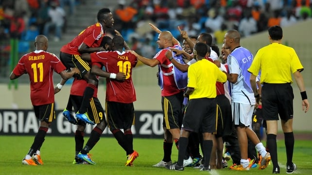 The Sable Antelopes celebrate Manucho's strike in Equatorial Guinea