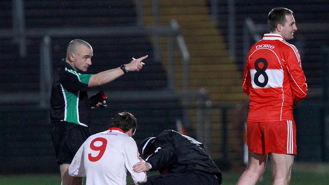Derry's Jason Conway gets his marching orders in his county's defeat by Tyrone in the Dr McKenna Cup final