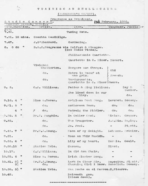 2RN Announcer's Report 18 January 1926 © RTÉ