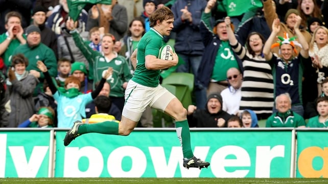 Andrew Trimble races clear to score a try for Ireland