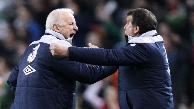 Giovanni Trapattoni and Marco Tardelli celebrate Ireland's equaliser