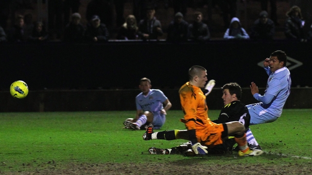 Carlos Tevez scores at Ewen Fields in Hyde