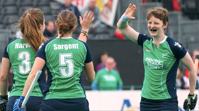 Ireland's Michelle Harvey, Ciodhna Sargent and Sinead Mcccarthy celebrate the 5th goal