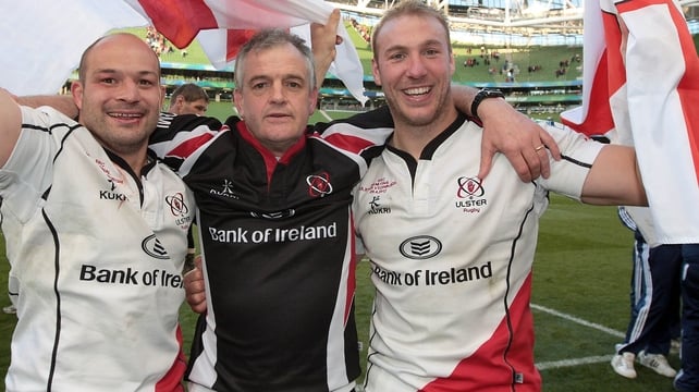 Ulster coach Brian McLaughlin celebrates with Rory Best and Stephen Ferris
