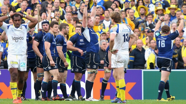 Leinster players celebrate at the final whistle