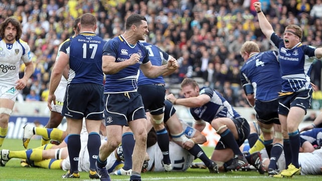 Leinster players celebrate at the final whistle