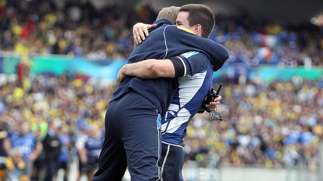 Joe Schmidt and Johnny Sexton embrace at the final whistle