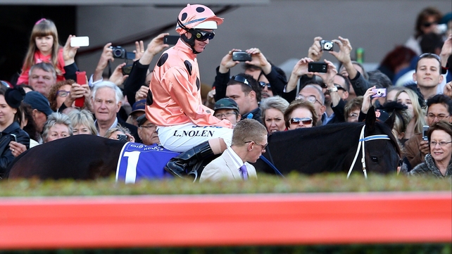 Black Caviar is led around the mounting area prior to the Group One Goodwood at Morphettville