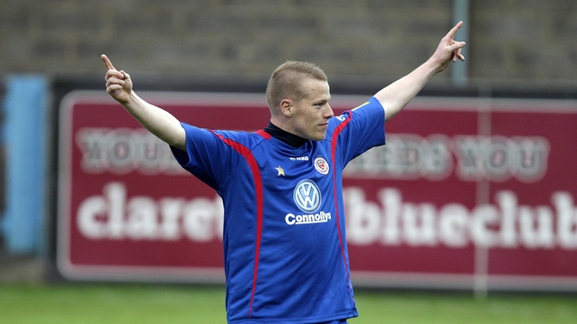 Danny North, pictured celebrating a goal against Drogheda United earlier in the season, will be absent
