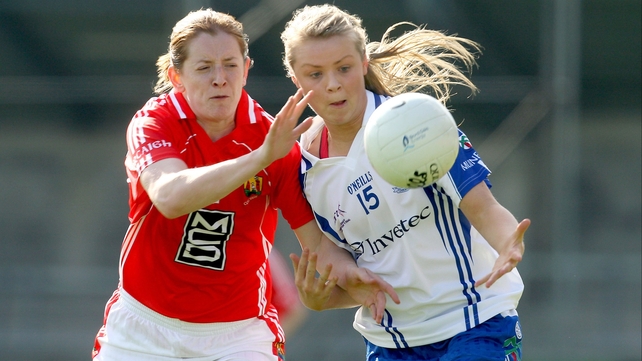 Cork's Ann-Marie Walsh and Monaghan's Caoimhe Mohan battle for the ball during a very competitive finale to Ladies Football Division 1