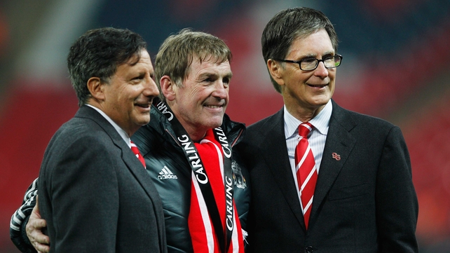 (L-R) Tom Werner, Kenny Dalglish and John Henry pictured after Liverpool's nail-biting Carling Cup success
