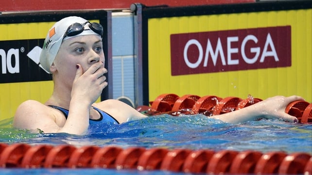 Sycerika McMahon shows her surprise and delight after realising she had achieved Olympic standard in the 100 breaststroke.